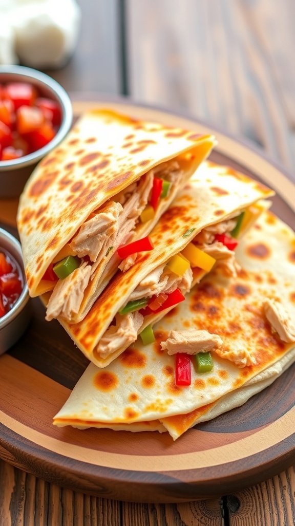 Golden-brown chicken quesadilla filled with cheese and peppers, served with salsa and sour cream.